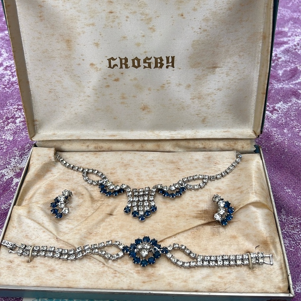 50s VTG Rhinestone Statement Necklace Clip Earring Set Crosby NY